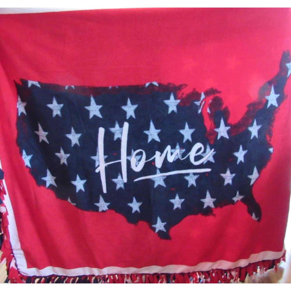 American Patriotic Home Red White and Blue Soft Fleece Handmade Tie Blanket NWOT